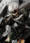  1boy artist_name blindfold choker fighting_stance gloves highres holding holding_sword holding_weapon katana knees lips male_focus motion_blur nier_(series) nier_automata pale_skin patterned_clothing short_hair shorts smile solo sword text weapon white_hair yorha_no._9_type_s 