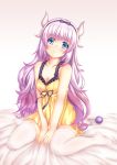  1girl absurdres between_legs blue_eyes blush bow breasts cleavage closed_mouth collarbone dragon_girl dragon_horns dragon_tail eyebrows_visible_through_hair frills full_body hairband hand_between_legs head_tilt highres horns kanna_kamui kobayashi-san_chi_no_maidragon lavender_hair lingerie long_hair looking_up medium_breasts negligee older own_hands_together siki2046 sitting smile solo tail thigh-highs underwear v_arms very_long_hair wariza white_legwear 