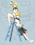 1boy 1girl ahoge belt black_shorts blonde_hair blue_eyes book brother_and_sister detached_sleeves expressionless full_body hair_ornament hair_ribbon hairclip highres indoors instrument kagamine_len kagamine_rin ladder leaning_on_object navel piano ribbon room sailor_collar short_hair shorts siblings sitting socks twins unfinished vocaloid window 