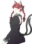  1girl animal_ears back bow braid cat_ears cat_tail colored dress hair_bow hair_ornament highres juliet_sleeves kaenbyou_rin long_hair long_sleeves looking_at_viewer looking_back multiple_tails nekomata ninonini pointy_ears puffy_sleeves red_eyes redhead sketch smile solo tail touhou transparent_background twin_braids 
