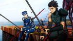  2boys 2girls blood commentary_request day death dock fate/grand_order fate/stay_night fate/zero fate_(series) fishing fishing_rod food gae_bolg gae_buidhe gae_dearg genya_(genya67) highres ice_cream impaled lancer lancer_(fate/zero) multiple_boys multiple_girls ocean parody pier polearm saber sandwich scathach_(fate/grand_order) sky spear stabbed weapon 