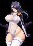 1girl black_background black_hair black_jacket breasts covered_navel cowboy_shot curvy emperor_penguin_(kemono_friends) hair_over_one_eye hand_on_hip headphones highleg highleg_leotard highres impossible_clothes impossible_leotard jacket kemono_friends large_breasts leotard long_hair looking_at_viewer multicolored_hair puffy_nipples red_eyes simple_background smile solo thigh-highs torahime_(roland00) white_legwear white_leotard wide_hips 