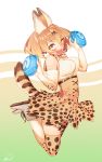  1girl ;d animal_ears bare_shoulders blew_andwhite blonde_hair blush bouncing_breasts bow bowtie breasts elbow_gloves gloves high-waist_skirt highres japari_bun jumping kemono_friends looking_at_viewer one_eye_closed open_mouth serval_(kemono_friends) serval_ears serval_print serval_tail short_hair skirt smile solo tail thigh-highs 