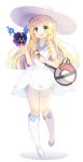  1girl bag bangs blonde_hair blunt_bangs braid chocho_(homelessfox) collared_dress dress duffel_bag full_body green_eyes hat lillie_(pokemon) long_hair poke_ball_theme pokemon pokemon_(game) pokemon_sm sleeveless sleeveless_dress solo sun_hat sundress twin_braids white_dress white_hat 