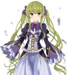  1girl bow brown_eyes dress feathers flower frilled_sleeves frills green_hair hair_bow long_hair looking_at_viewer original purple_bow purple_dress satsuki_yuni standing twintails very_long_hair 