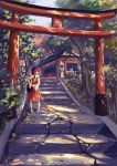  1girl broom cat dated hakurei_reimu highres japanese_clothes miko path road shrine signature solo stairs standing torii touhou tree xiaobanbei_milk 