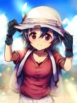  1girl adjusting_clothes adjusting_hat backpack bag black_gloves black_hair blue_eyes blue_sky blush breasts bucket_hat cleavage clouds cloudy_sky collarbone commentary cowboy_shot day dot_nose eyelashes gloves hair_between_eyes hands_on_headwear hands_up hat hat_feather kaban kara_(color) kemono_friends looking_at_viewer medium_breasts mountain outdoors red_shirt sandstar shirt short_hair short_sleeves shorts sky smile solo tareme white_hat white_shorts 