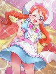  1girl ;d blue_dress blush bow clenched_hand dress from_below happy hat hat_bow kirakira_precure_a_la_mode long_hair looking_at_viewer one_eye_closed open_mouth orange_hair pink_bow precure red_eyes smile solo sparkle tj-type1 twintails usami_ichika white_apron white_hat 