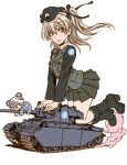  1girl absurdres black_boots boots brown_eyes centurion_(tank) full_body girls_und_panzer ground_vehicle hat highres light_brown_hair long_hair military military_vehicle miniskirt motor_vehicle necktie pleated_skirt shimada_arisu side_ponytail skirt smile smoke solo stuffed_animal stuffed_toy tank teddy_bear uniform yamashita_shun&#039;ya 