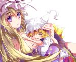  2girls animal_ears blizzomos blonde_hair blush bow breasts child cleavage closed_eyes fox_ears fox_tail hair_bow hat hat_ribbon highres large_breasts long_hair long_sleeves looking_at_viewer mob_cap multiple_girls multiple_tails open_mouth ribbon short_hair simple_background smile tail touhou violet_eyes white_background wide_sleeves yakumo_ran yakumo_yukari younger 