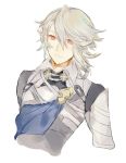  1boy armor fire_emblem fire_emblem_if looking_at_viewer male_my_unit_(fire_emblem_if) my_unit_(fire_emblem_if) pointy_ears red_eyes shourou_kanna smile white_hair 