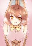  1girl :d animal_ears artist_request bangs bare_shoulders blush bow bowtie breasts brown_eyes elbow_gloves eyebrows_visible_through_hair gloves heart heart-shaped_pupils heavy_breathing highres kemono_friends large_breasts leaning_forward licking_lips light_brown_hair looking_at_viewer open_mouth pink_background serval_(kemono_friends) serval_ears serval_print serval_tail short_hair simple_background sleeveless smile solo symbol-shaped_pupils tail tongue tongue_out 