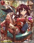  1girl blue_eyes book boots breasts brown_hair card_(medium) chair chemistry cleavage corset cross-laced_footwear earrings heart heart_necklace ichinose_shiki idolmaster idolmaster_cinderella_girls jewelry lace-up_boots long_hair official_art shingeki_no_bahamut skirt solo twintails 