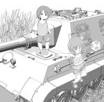  &gt;_&lt; 2girls :d ball bangs closed_eyes girls_und_panzer grass greyscale ground_vehicle henyaan_(oreizm) jumping looking_at_viewer military military_vehicle monochrome motor_vehicle multiple_girls nishizumi_maho nishizumi_miho open_mouth shoes short_hair shorts siblings sisters smile soccer_ball socks standing tank tank_top vehicle_request younger 