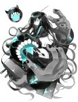  1girl alternate_costume black_hair black_rock_shooter black_rock_shooter_(character) blue_eyes bxr hair_over_one_eye horns kantai_collection long_hair looking_at_viewer midriff over_shoulder shinkaisei-kan sword sword_over_shoulder teeth tongue twintails weapon weapon_over_shoulder 