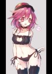  1girl black_bra black_legwear black_panties bra cat_ear_panties cat_lingerie collarbone cowboy_shot earrings hecatia_lapislazuli highres jewelry kyouda_suzuka meme_attire navel panties polos_crown red_eyes redhead side-tie_panties sketch solo thigh-highs touhou underwear underwear_only wrist_cuffs 