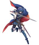  blue_hair cape fingerless_gloves fire_emblem fire_emblem:_kakusei fire_emblem_heroes full_body gloves highres holding holding_sword holding_weapon jewelry marth_(fire_emblem:_kakusei) mask official_art open_mouth sheath short_hair solo standing sword thigh-highs tiara transparent_background weapon 