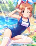  1girl abe_nana armpits breasts cleavage collarbone eyebrows_visible_through_hair feet fence idolmaster idolmaster_cinderella_girls no_shoes official_art one_eye_closed orange_hair plant pool red_eyes school_swimsuit sky sunlight swimsuit thigh-highs translation_request v wet wet_clothes white_legwear 
