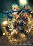  1girl bangs belt blonde_hair blue_eyes boots braid coin elbow_gloves eyebrows_visible_through_hair fingerless_gloves fire_emblem fire_emblem:_seisen_no_keifu fire_emblem_cipher gloves gold hat holding holding_weapon jewelry long_hair looking_at_viewer official_art open_mouth pants patty_(fire_emblem) ring scarf smile sword tied_hair treasure treasure_chest weapon 