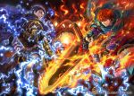  2boys arm_guards armor axe battle_axe blue_hair cape company_connection copyright_name dragon electricity eliwood_(fire_emblem) fingerless_gloves fire fire_emblem fire_emblem:_rekka_no_ken fire_emblem_cipher gauntlets gloves hector_(fire_emblem) holding holding_weapon horseback_riding huge_weapon looking_at_viewer looking_back multiple_boys official_art redhead riding short_hair smile suzuki_rika sword weapon 