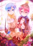  amicis_(amisic) animal_ears beatrice_(re:zero) blue_eyes blue_hair blue_rose bow cat cat_ears earmuffs eyes_visible_through_hair fake_animal_ears fish flower hair_over_one_eye hat highres looking_at_another natsuki_subaru petals pink_eyes pink_hair ram_(re:zero) re:zero_kara_hajimeru_isekai_seikatsu rem_(re:zero) rose scarf siblings sisters smile tulip twins winter winter_clothes 