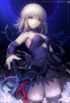  1girl blonde_hair breasts dark_excalibur dark_persona detached_sleeves dress fate/grand_order fate/stay_night fate_(series) hisahisahisahisa night night_sky revision saber saber_alter sky solo sword thigh-highs weapon yellow_eyes 