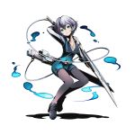  1girl aqua_eyes aqua_shorts arm_up black_legwear bow breasts cleavage collarbone divine_gate eyebrows_visible_through_hair full_body hair_bow head_tilt holding holding_sword holding_weapon jewelry looking_at_viewer necklace official_art pantyhose_under_shorts shadow short_hair shorts silver_hair small_breasts solo sword transparent_background ucmm weapon 