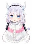  1girl :o artist_name bangs black_ribbon blue_eyes blush capelet dragon_girl dragon_horns dragon_tail eyebrows_visible_through_hair hair_bobbles hair_ornament hair_ribbon horns kanna_kamui kobayashi-san_chi_no_maidragon looking_at_viewer low_twintails open_mouth ribbon signature silver_hair simple_background solo tail tr_(kangtw123) twintails white_background 