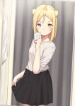  1girl apple_inc. black_skirt blonde_hair casual cellphone demi-chan_wa_kataritai double_bun dressing_room erezu highres looking_at_viewer phone self_shot shirt skirt smartphone smile solo takanashi_hikari white_shirt yellow_eyes 