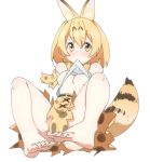  1girl animal_ears artist_request bare_shoulders barefoot blonde_hair blush bow bowtie breasts feet kemono_friends mouth_hold serval_(kemono_friends) serval_ears serval_print serval_tail short_hair skirt sleeveless tail toes under_boob white_background 