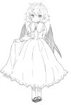  1girl bat_wings blush commentary_request dress fang_out frilled_skirt frills full_body greyscale highres line_shading long_sleeves looking_at_viewer mary_janes monochrome pointy_ears remilia_scarlet shoes short_hair sketch skirt smile solo touhou waira wings 