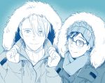  2boys copyright_name fur_trim glasses hat hood hooded_jacket jacket katsuki_yuuri male_focus mamemomota monochrome multiple_boys scarf smile upper_body viktor_nikiforov yuri!!!_on_ice 