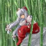  1girl :/ ao-shiba arm_rest armband bamboo bamboo_forest bending_forward boots crossed_arms day forest frown fujiwara_no_mokou hair_between_eyes hair_ribbon knees_up light_rays long_hair long_sleeves looking_at_viewer low-tied_long_hair nature ofuda outdoors pants red_boots red_eyes ribbon silver_hair sitting_on_rock solo sunbeam sunlight suspenders touhou very_long_hair 