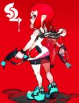  1girl back bangs bike_shorts blunt_bangs breasts domino_mask dual_wielding from_behind full_body ink_tank_(splatoon) inkling layered_clothing looking_at_viewer looking_back mask pointy_ears red_background red_eyes shoes simple_background small sneakers solo splat_dualies_(splatoon) splatoon splatoon_2 tank_top toridamono 