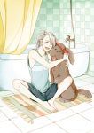  1boy ^_^ bathroom bathtub closed_eyes dog hair_brush hug makkachin male_focus mamemomota open_mouth ponytail rug shorts shower_curtain silver_hair sitting smile tank_top teenage tongue tongue_out viktor_nikiforov younger yuri!!!_on_ice 