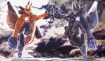  2girls animal_ears black_hair blonde_hair clouds cloudy_sky commentary_request ezo_red_fox_(kemono_friends) fox_ears kemono_friends mecha mecha_musume multicolored_hair multiple_girls silver_fox_(kemono_friends) sky standing two-tone_hair virtualcity-ex 
