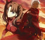  1boy 1girl archer black_ribbon blue_eyes brown_eyes brown_hair eyebrows_visible_through_hair fate/stay_night fate_(series) hair_ribbon long_hair looking_at_viewer looking_back official_art outstretched_arm red_sweater ribbon silver_hair spiky_hair takeuchi_takashi tohsaka_rin two_side_up unlimited_blade_works 