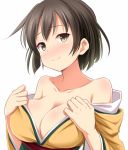  1girl bare_shoulders blush breasts brown_eyes brown_hair cleavage hiryuu_(kantai_collection) japanese_clothes kantai_collection kimono long_sleeves open_clothes short_hair side_ponytail smile solo wide_sleeves yellow_kimono 