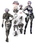  1girl ankle_boots ass bangs belt bodysuit breasts cropped_jacket full_body ghost_in_the_shell ghost_in_the_shell_stand_alone_complex ghost_in_the_shell_stand_alone_complex_first_assault gloves grey_hair gun hand_on_hip highres honeycomb jacket kusanagi_motoko looking_at_viewer looking_back medium_breasts multiple_views short_hair simple_background skin_tight standing turnaround violet_eyes weapon white_background 