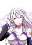  1girl alternate_hairstyle birdsong breasts cleavage detached_sleeves hair_down large_breasts necktie red_eyes silver_hair smile solo untied vocaloid voyakiloid yowane_haku 