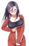  1girl black_hair blush breasts cleavage collarbone commentary_request cowboy_shot demi-chan_wa_kataritai flying_sweatdrops glasses hair_between_eyes inconvenient_breasts jacket large_breasts long_hair long_sleeves pants r_choko red-framed_eyewear satou_sakie semi-rimless_glasses solo track_jacket track_pants under-rim_glasses violet_eyes zipper 