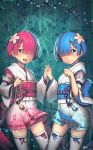  2girls bamboo bamboo_forest bangs blue_eyes blue_hair blunt_bangs detached_sleeves forest hair_ornament hair_over_one_eye hand_holding japanese_clothes kashi_kosugi kimono lace-trimmed_sleeves multiple_girls nature obi open_mouth pink_hair ram_(re:zero) re:zero_kara_hajimeru_isekai_seikatsu rem_(re:zero) ribbon-trimmed_clothes ribbon-trimmed_legwear ribbon_trim sash short_kimono siblings sisters smile thigh-highs twins white_legwear wide_sleeves x_hair_ornament yellow_eyes zettai_ryouiki 