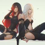  2girls belt black_legwear blue_eyes breasts cleavage cosplay crow_(gravity_daze) crow_(gravity_daze)_(cosplay) detached_sleeves drag-on_dragoon gravity_daze hair_over_one_eye koyorin long_hair multiple_girls navel nier_(series) nier_automata redhead sitting smile thigh-highs very_long_hair white_hair yorha_type_a_no._2 yorha_type_a_no._2_(cosplay) 