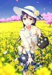  1girl blue_hair blurry blush butterfly cherry_blossoms depth_of_field field flower flower_field hair_ornament hairclip hat hat_flower highres jewelry long_hair love_live! love_live!_school_idol_project necklace open_mouth solo sonoda_umi tucana yellow_eyes 