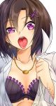  1girl black_bra black_hair bra breasts earrings hair_ornament highres jewelry looking_at_viewer necklace open_mouth original pink_eyes shunga_(shun608) sketch solo tongue underwear x_hair_ornament 