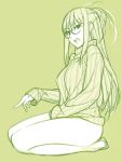  1girl aran_sweater barefoot full_body glasses highres ino kisaragi_rei legs long_hair looking_at_viewer monochrome open_mouth otome_function sitting solo sweater teeth wariza 