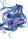  1girl absurdres blue_eyes blue_hair detached_sleeves earrings fingerless_gloves full_body gloves hatsune_miku highres jewelry long_hair rabbit scarf sitting twintails vocaloid wand white_background yuki_miku yukine_(vocaloid) 
