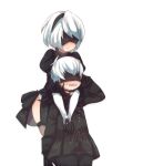  1boy 1girl :3 black_blindfold black_gloves black_legwear blindfold buttons carrying commentary_request covered_eyes elbow_gloves embarrassed feather-trimmed_sleeves gloves leotard leotard_peek long_sleeves nier_(series) nier_automata oh_(torisanwww) open_mouth piggyback puffy_sleeves short_hair shoulder_carry simple_background standing sweatdrop thigh-highs wavy_mouth white_background white_gloves white_hair white_leotard yorha_no._2_type_b yorha_no._9_type_s 