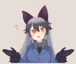  1girl :d ? animal_ears beige_background black_bow black_bowtie black_gloves black_necktie blazer blue_jacket blush bow bowtie buttons eyebrows_visible_through_hair eyelashes fox_ears fur-trimmed_sleeves fur_trim gloves gradient_hair grey_hair grey_shirt hands_up jacket kemono_friends long_hair long_sleeves looking_at_viewer multicolored_hair necktie open_hands open_mouth orange_eyes shiny shiny_hair shirt shrug silver_fox_(kemono_friends) silver_hair simple_background smile solo tsurime two-tone_hair upper_body yarerubabaa 