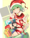  1girl bell bell_collar character_doll character_request collar curly_hair doll gift green_eyes green_hair hand_on_own_face hat highres looking_at_viewer one-punch_man pingqiong_xiansheng red_legwear red_ribbon ribbon saitama_(one-punch_man) santa_hat short_hair tatsumaki thigh-highs 